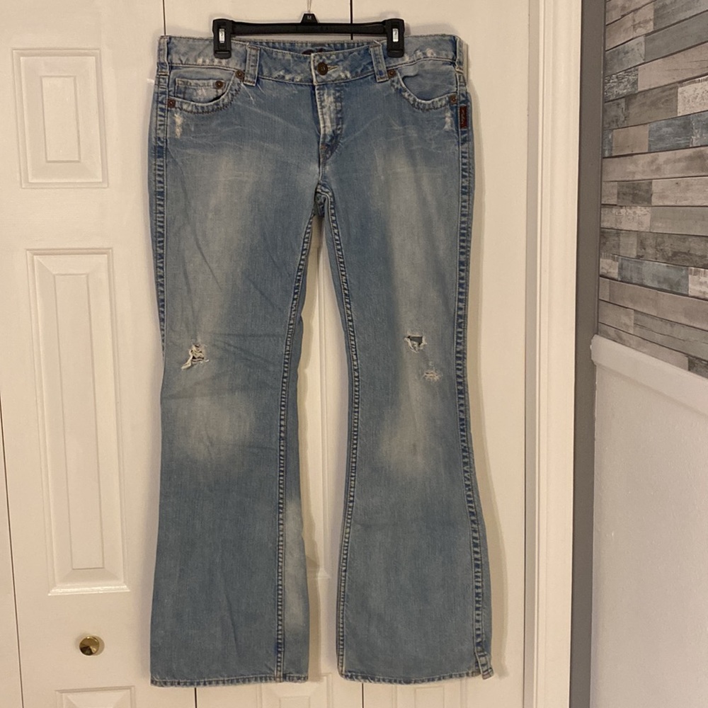 Silver Twisted Jeans-Size 36/35-Long-Flare-Distressed/Worn Light Blue Jeans